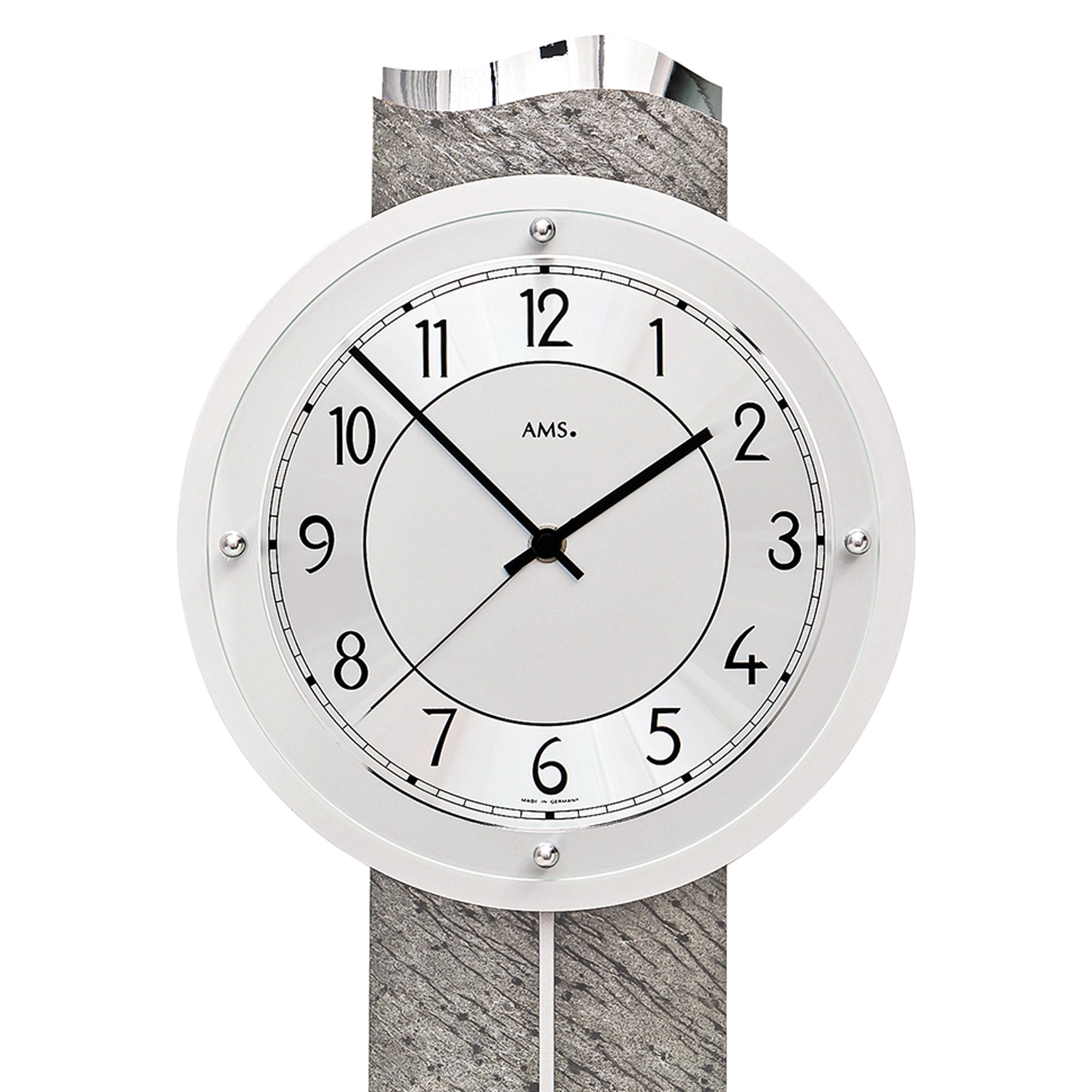 Horloge murale avec cadre rond en métal, cadran blanc et bracelet en pierre naturelle