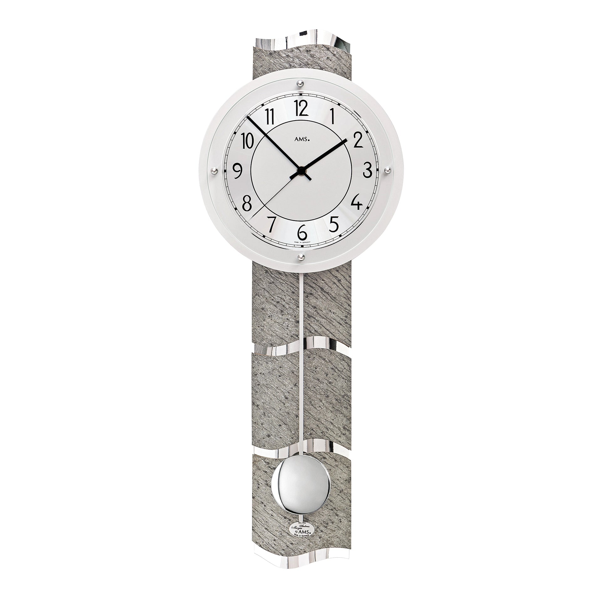Horloge murale avec mouvement à pendule en pierre naturelle, cadran rond et boule de pendule argentée