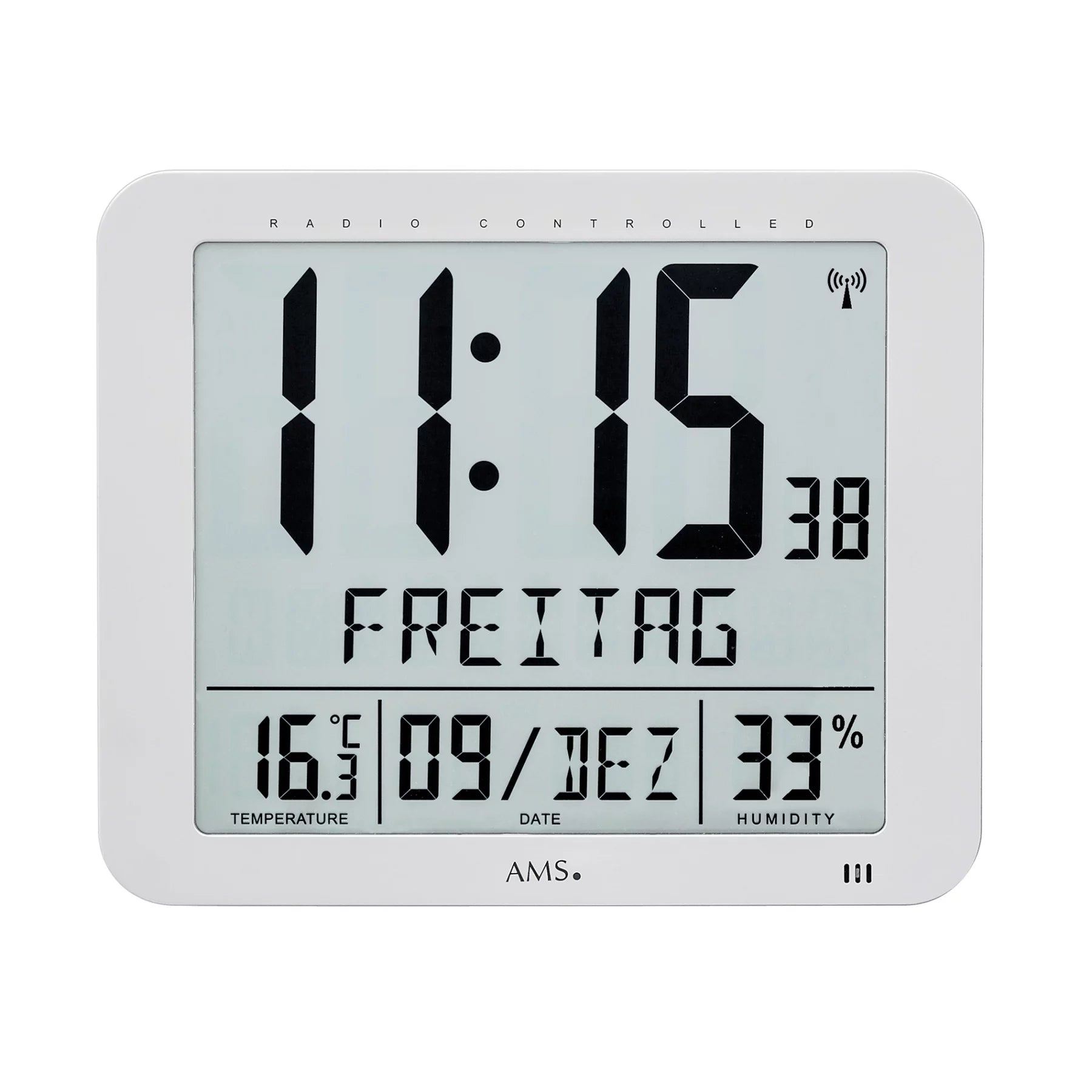 Horloge murale radio-pilotée avec affichage numérique, date, température et humidité
