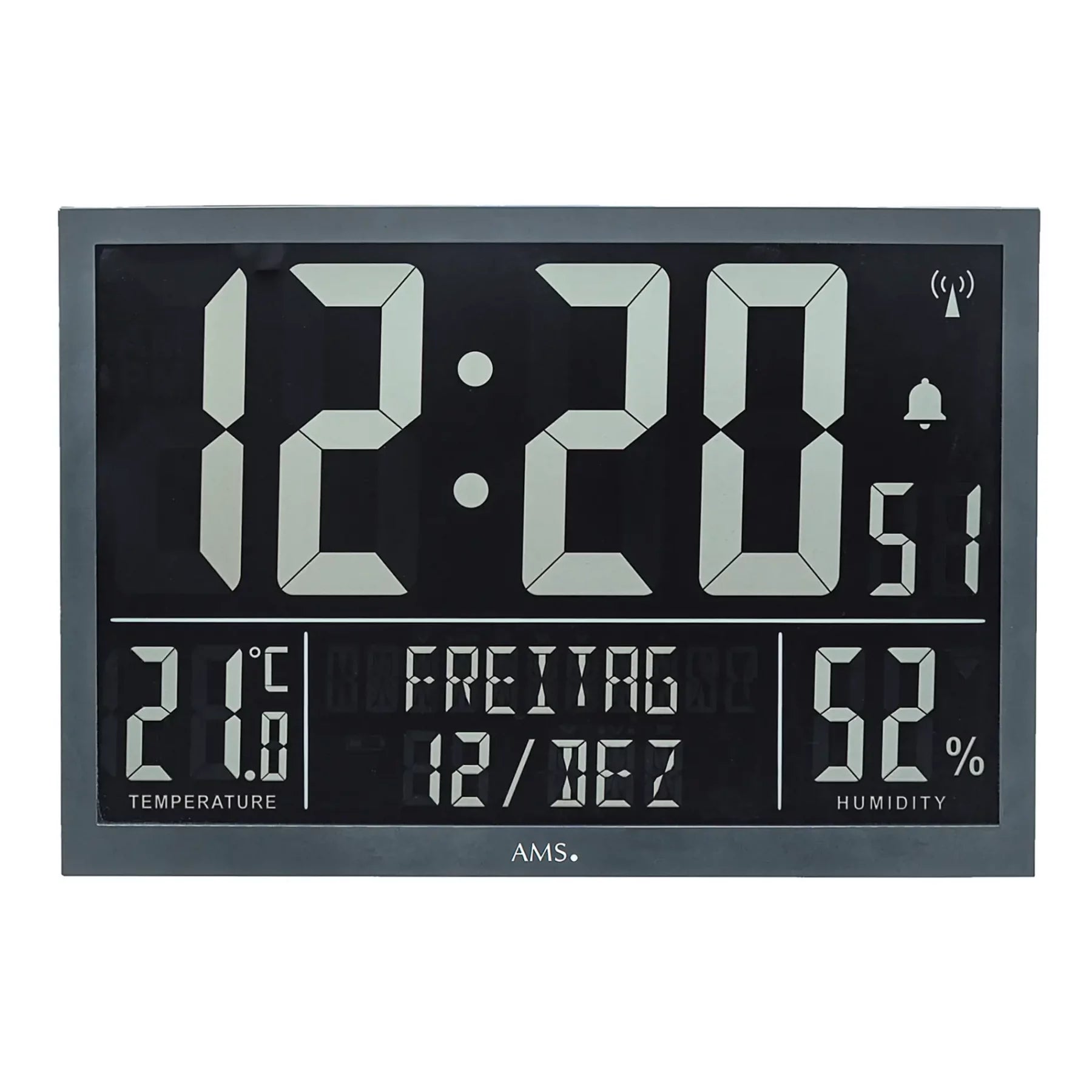 AMS digital väggklocka med stor digital display, temperatur- och fuktighetsvärden