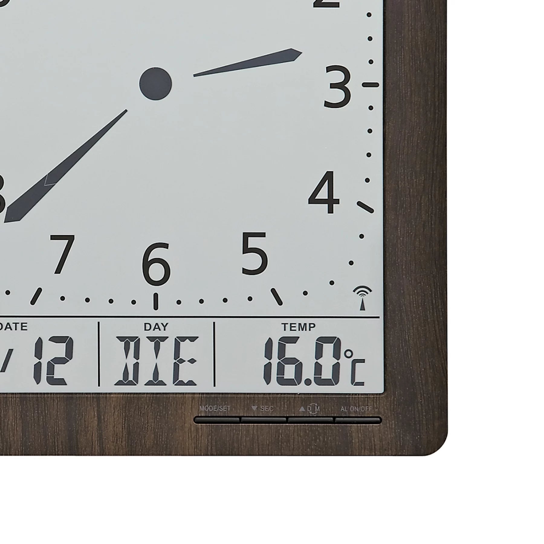 Horloge murale avec cadre en bois, cadran blanc et affichage numérique de la date, du jour et de la température 16,0°C