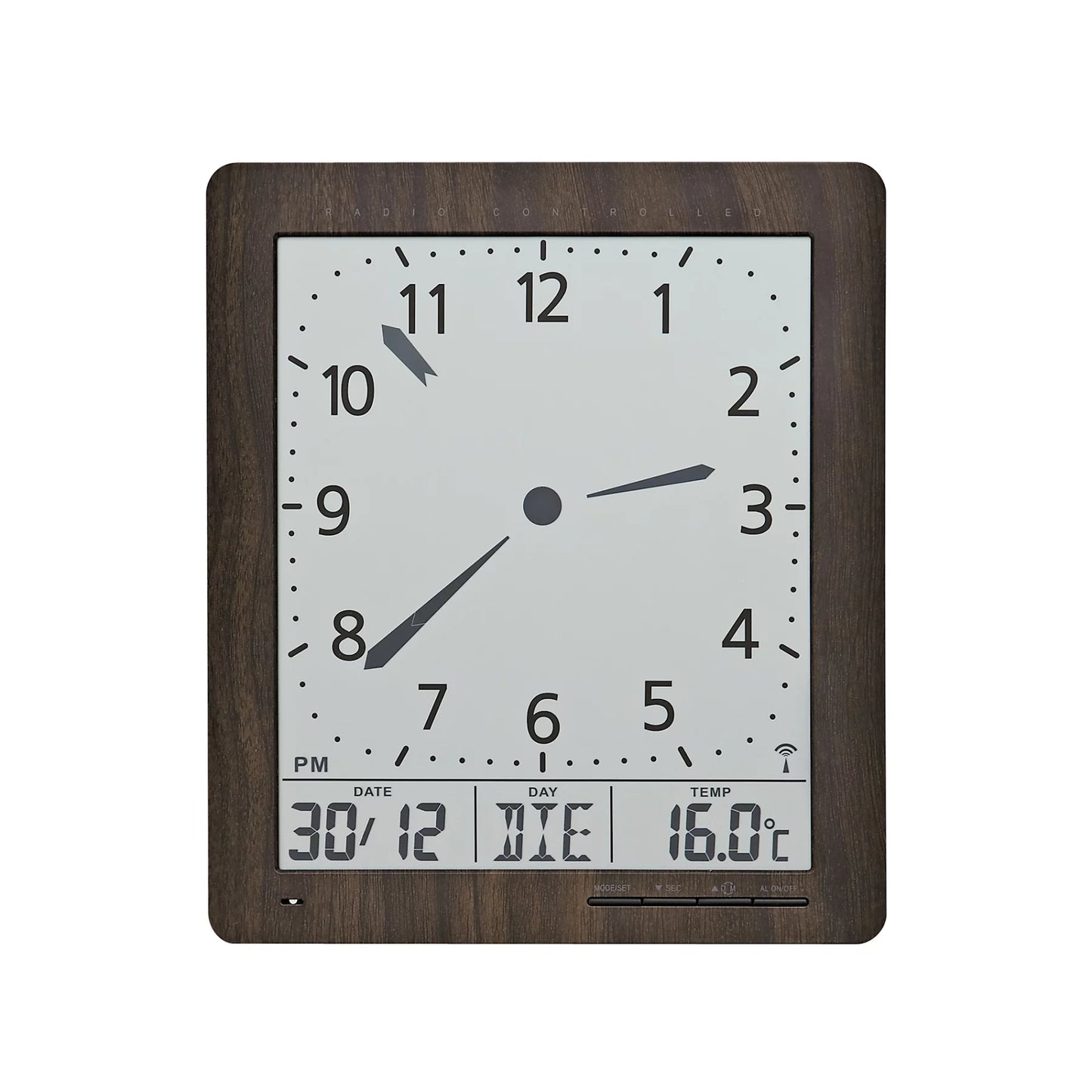 Horloge murale avec cadre en bois, grand cadran et affichage numérique de la date, du jour et de la température