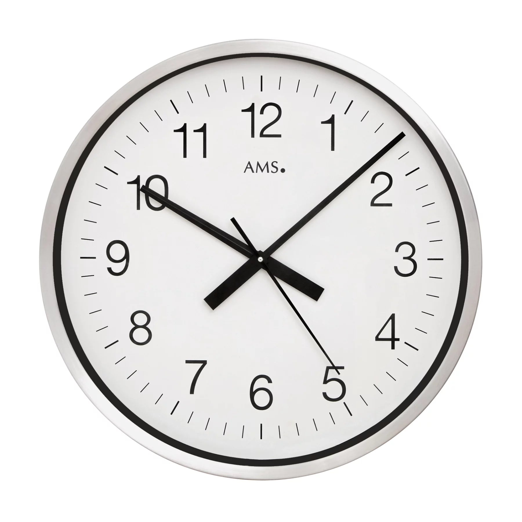 Horloge murale ronde avec cadre argenté, cadran blanc, aiguilles noires
