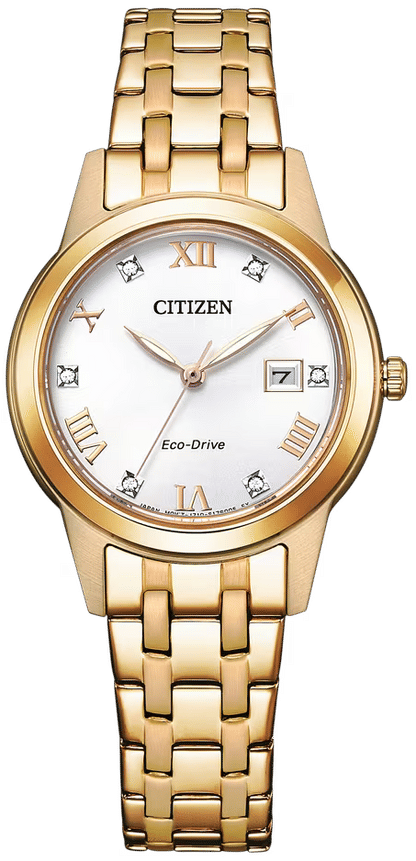 Roségoldfarbene Citizen Damenuhr mit weißem Zifferblatt, römischen Ziffern, Edelstahlarmband
