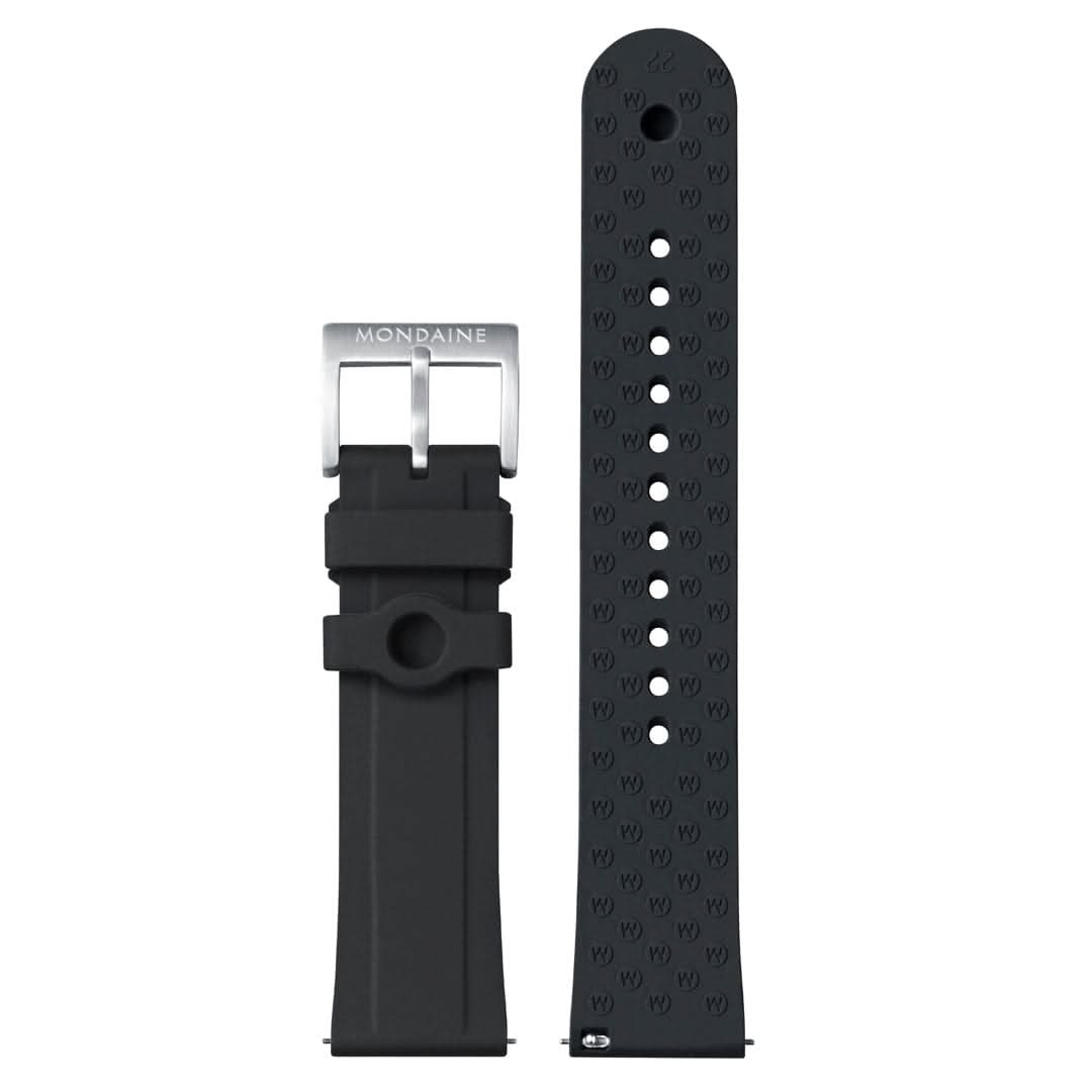Fermoir de bracelet et extrémité de bracelet avec trous pour montre homme Mondaine, bracelet en silicone noir