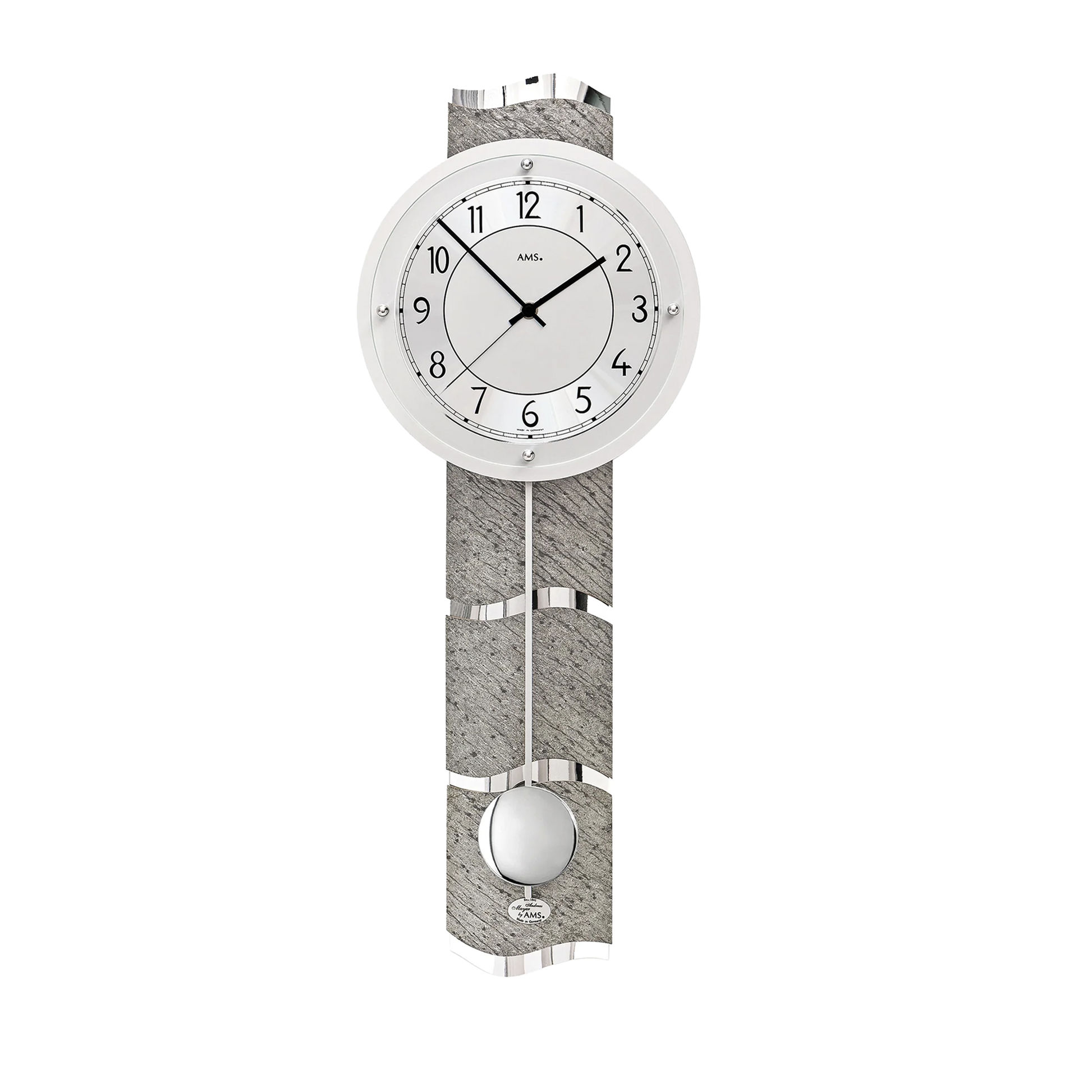Wanduhr mit weißem Zifferblatt und grauem Naturstein-Pendelwerk