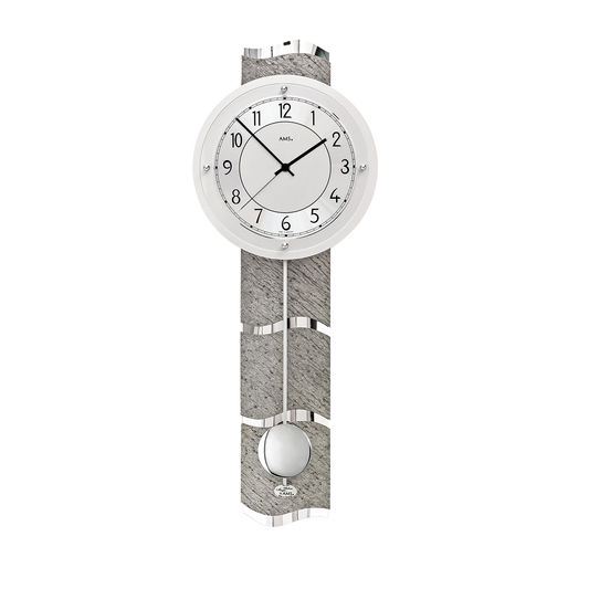 Wanduhr mit weißem Zifferblatt und grauem Naturstein-Pendelwerk
