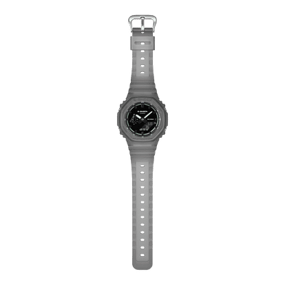 G-Shock Uhr im Seitenansicht-Set: graues Armband und schwarzes Zifferblatt im kompakten Gehäuse
