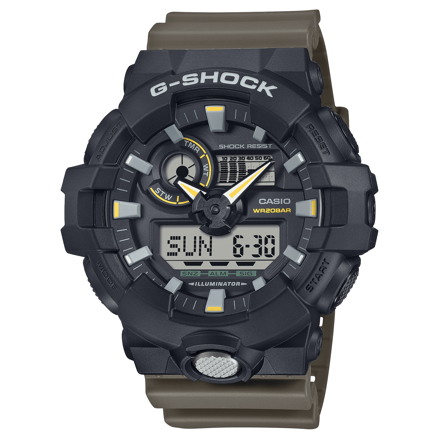 Casio G‑SHOCK Uhr vorne: Analogzeiger, Digitalanzeige und beiger Kunststoffboden am Armband
