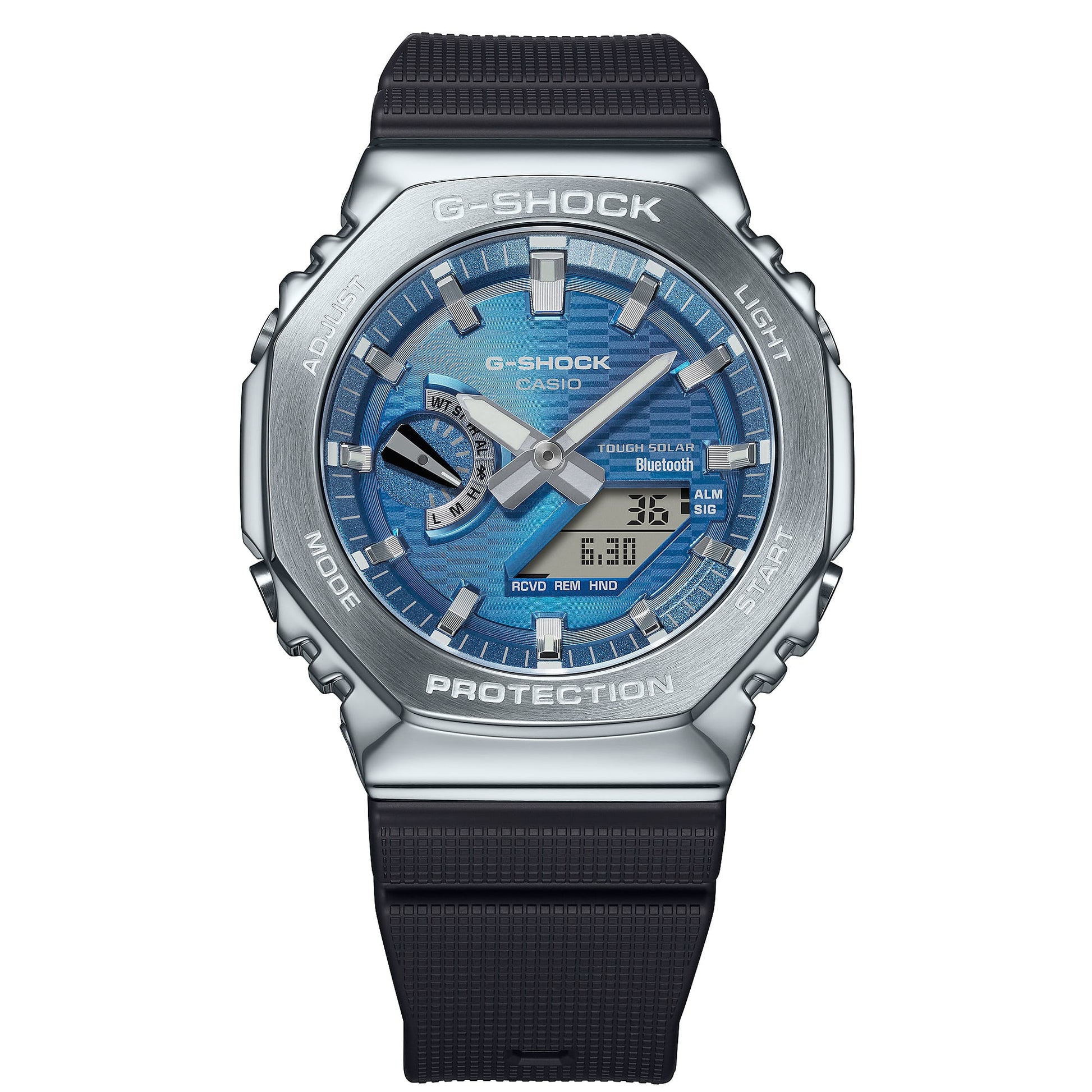 Herrenarmbanduhr mit blauem Zifferblatt, silberner Lünette und schwarzem Kautschukband