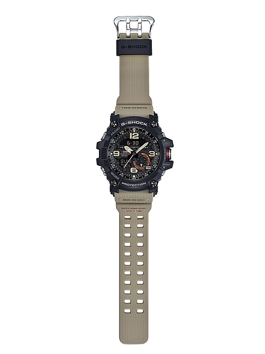 G-Shock Mudmaster Herrenarmbanduhr von oben: schwarzes Gehäuse, beiger Riemen, Metallschließe