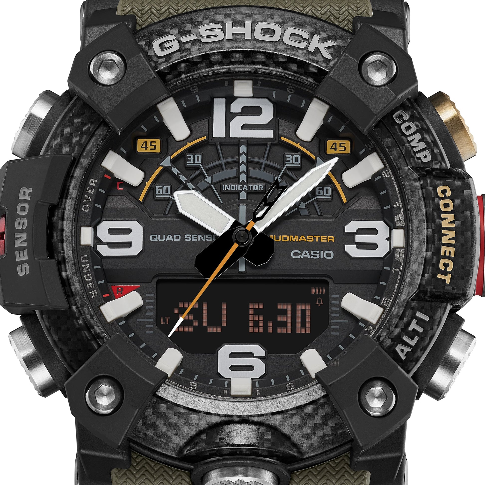 Casio G-Shock Mudmaster Herrenuhr Nahansicht: digitale Anzeige, Tastenring und Kompassbereich