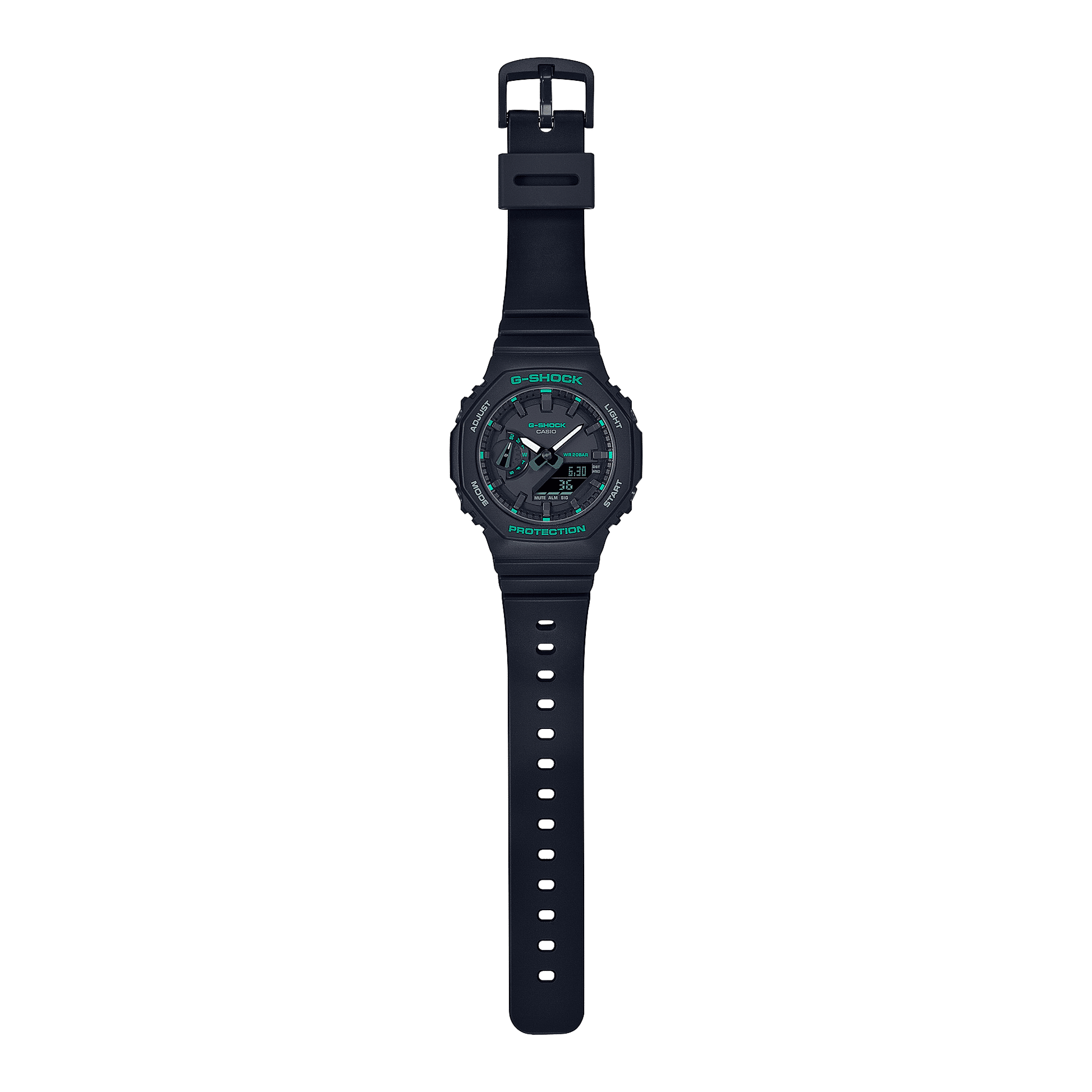 Casio G-Shock Armbanduhr in Seitenansicht: rundes schwarzes Gehäuse, schwarzes Kautschukarmband.