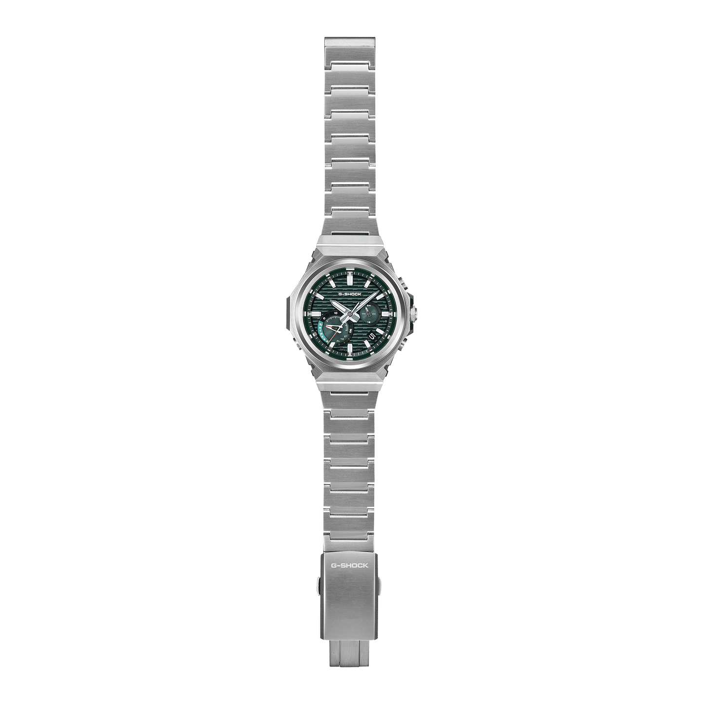 Casio G-Shock Herrenarmbanduhr seitlich, silbernes Metallarmband mit Schließe