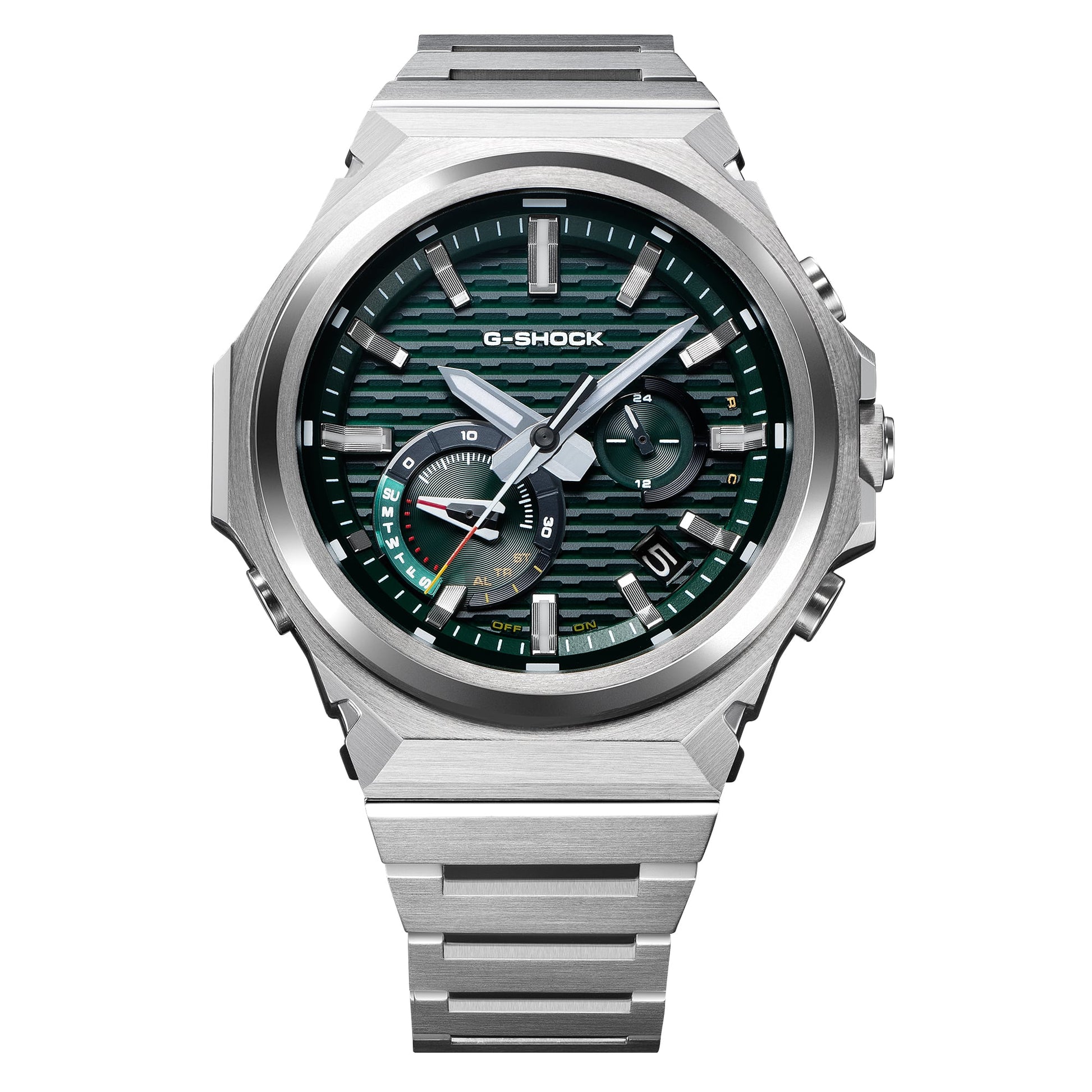 Casio G-Shock Herrenarmbanduhr vorne, grünes Zifferblatt, silbernes Metallarmband