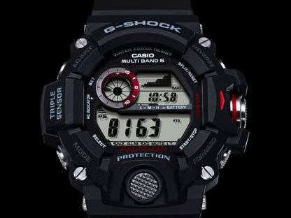 Herrenarmbanduhr frontal: schwarzes Gehäuse, roter Akzent und Höhenmesswert im Display