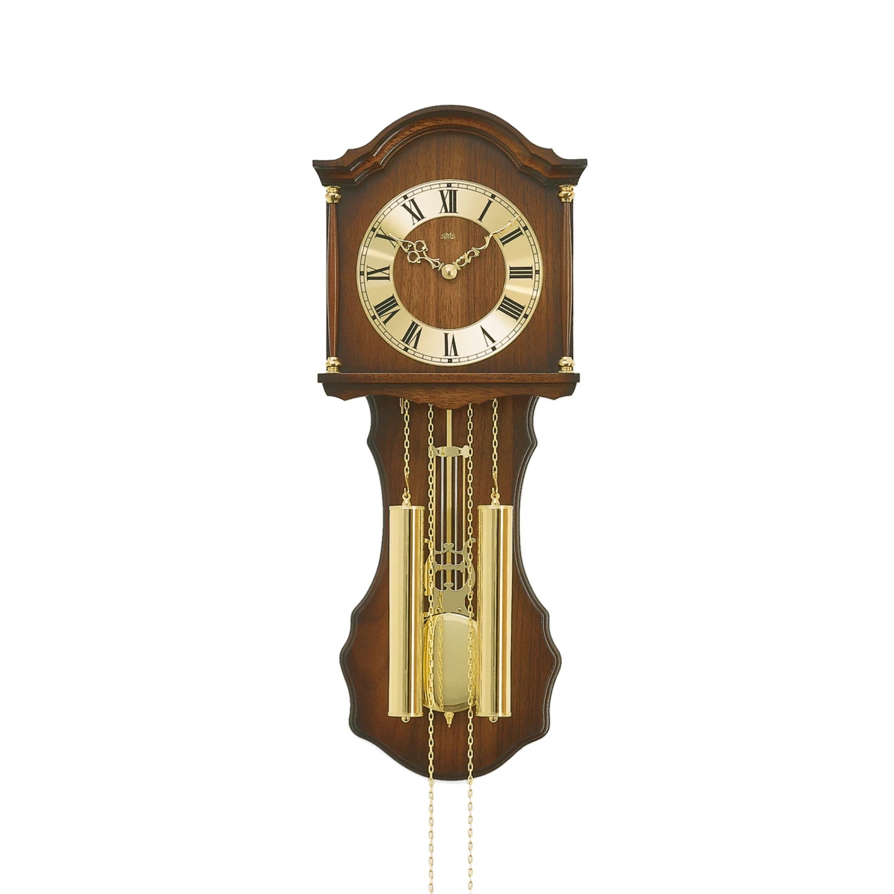 Pendule en bois avec cadran rond, chaînes dorées et boîte de balancier