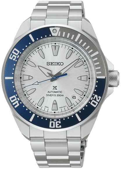 Seiko herrklocka med armband i silverfärgat rostfritt stål, blå boett och vit urtavla