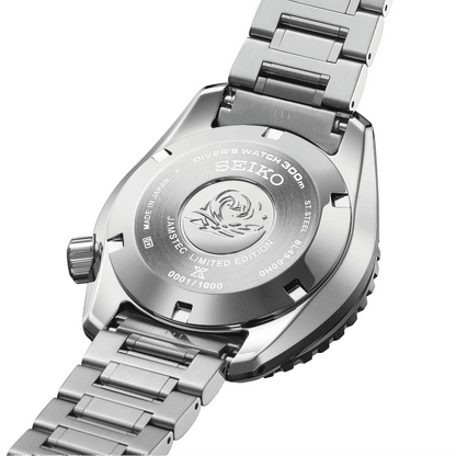 Seiko Marinemaster Edelstahl-Gehäuseboden mit Gravur „Limited Edition“ und Bandgliedern