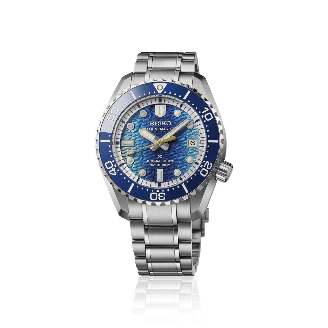 Seiko Marinemaster Herrenarmbanduhr mit blauem Zifferblatt, Edelstahlband und Taucherlünette