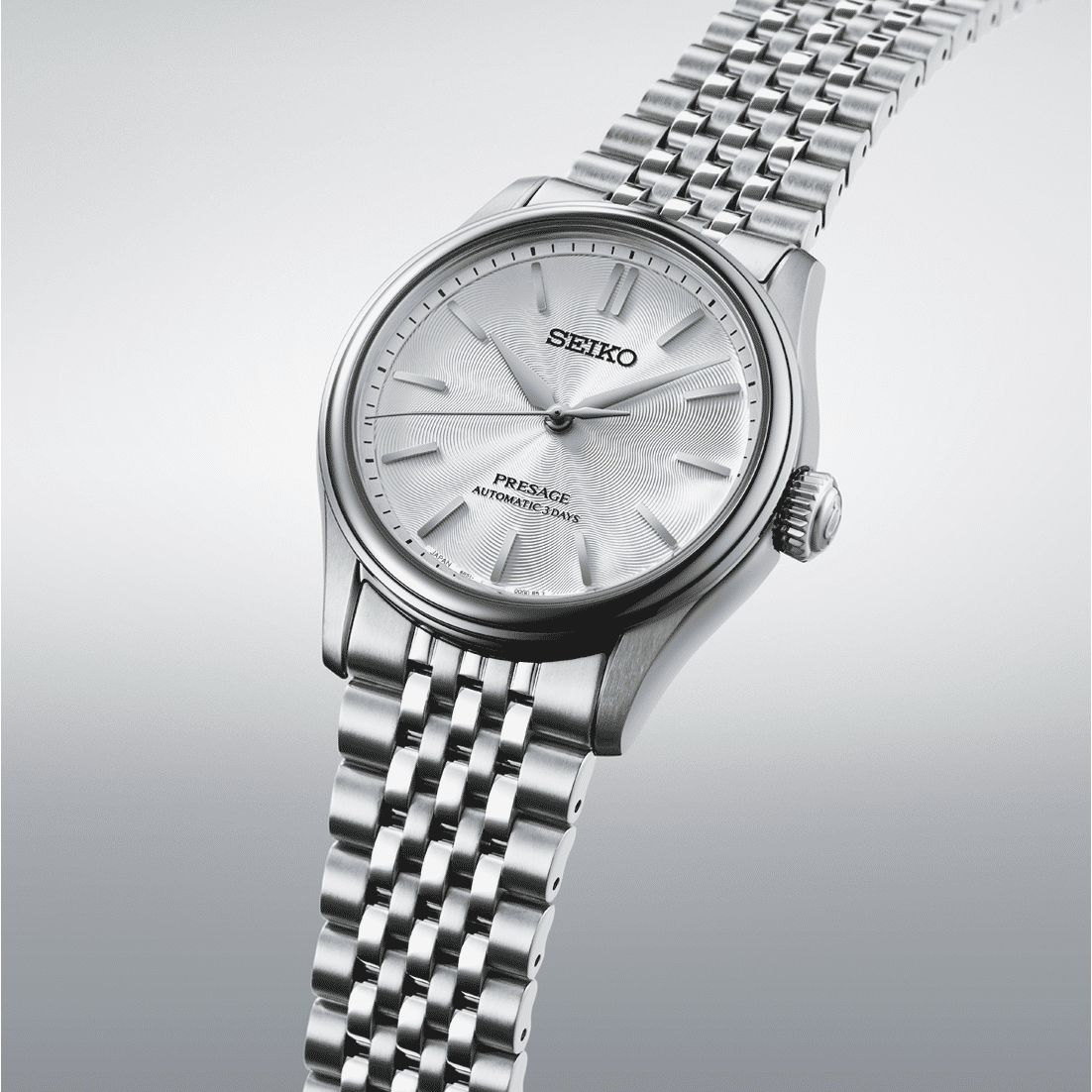 Seiko Presage Automatik-Herrenarmbanduhr mit silbernem Zifferblatt und Edelstahlband