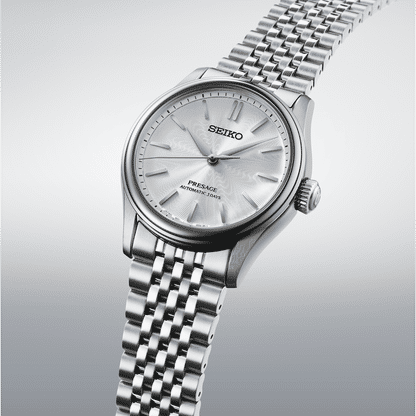 Seiko Presage Automatik-Herrenarmbanduhr mit silbernem Zifferblatt und Edelstahlband