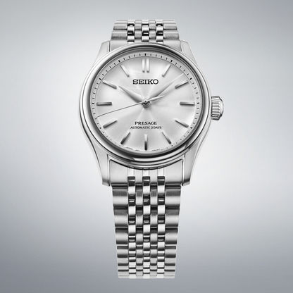 Seiko Presage Herrenarmbanduhr mit silbernem Zifferblatt und Edelstahlgehäuse