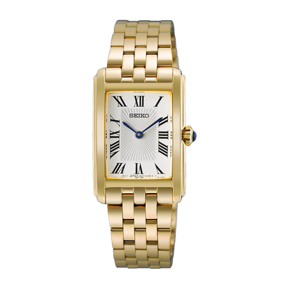 Seiko Damenarmbanduhr goldfarben mit rechteckigem Analogzifferblatt und Metallarmband