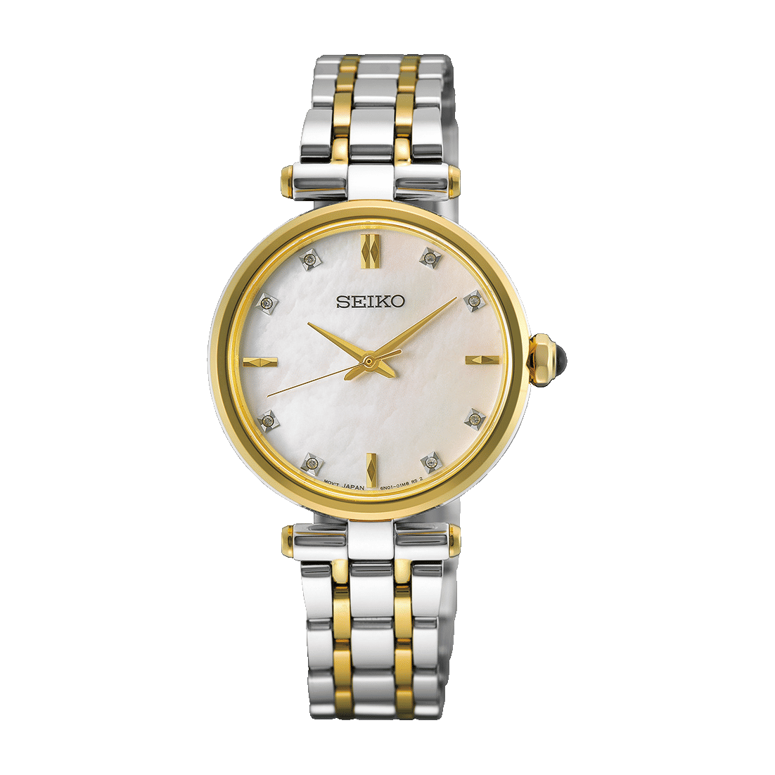 Zweifarbige Damenarmbanduhr mit goldfarbener Lünette, Perlmuttzifferblatt und Diamantindizes