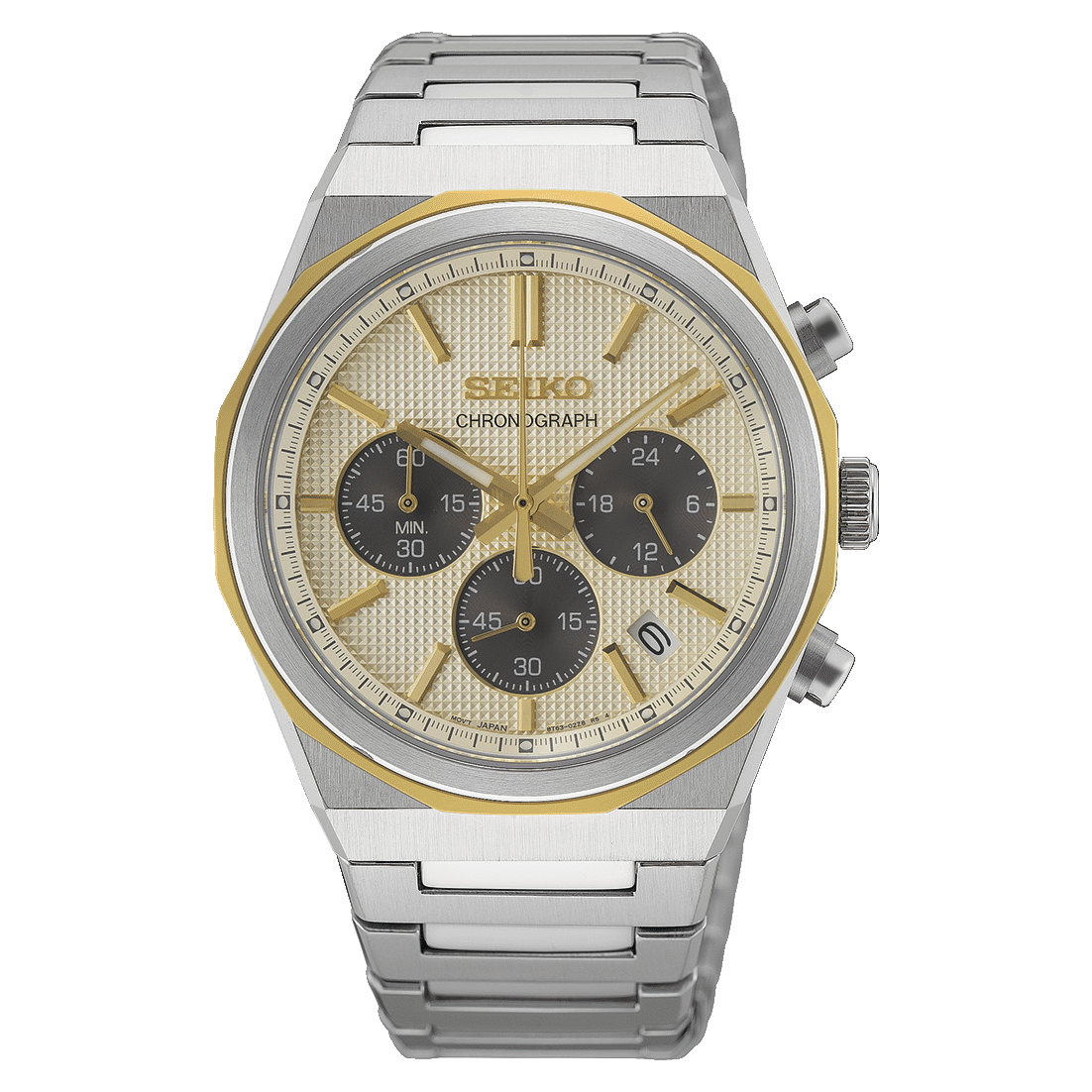 Seiko Herren-Armbanduhr zweifarbig mit Chronograph, silberfarbenem Metallband, rundem Ziffernblatt