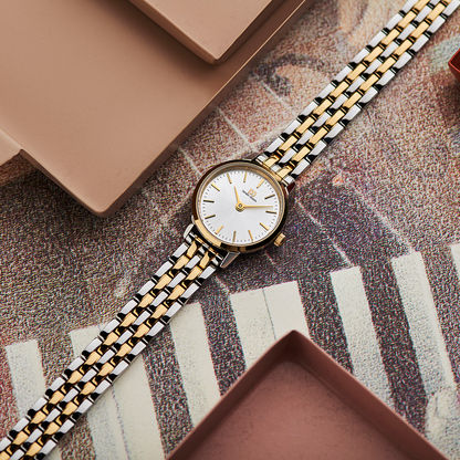 Bicolor-Damenuhr mit weißem Zifferblatt am Gliederarmband, Gold/Silber