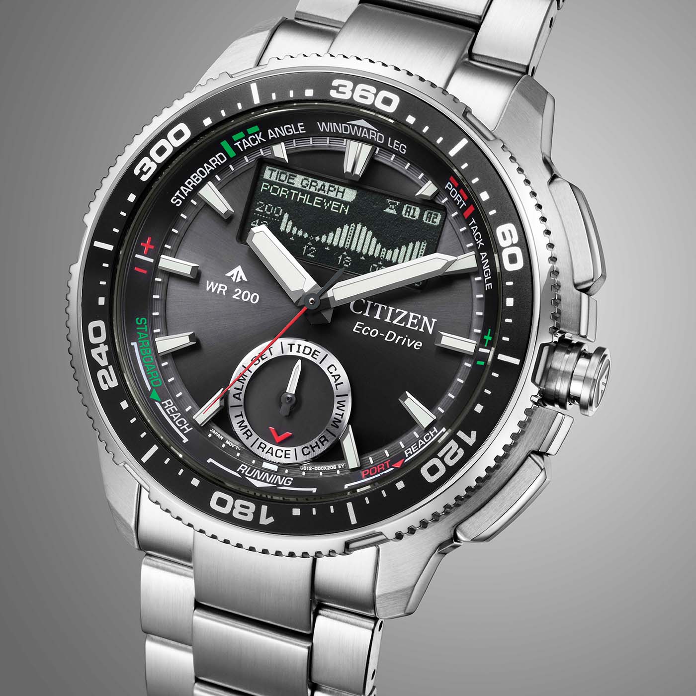 Herrenarmbanduhr Citizen PROMASTER Detailansicht: schwarzes Zifferblatt, Edelstahlgehäuse, Krone