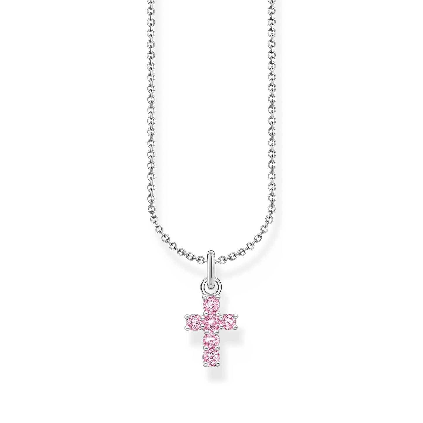 Collier argenté avec pendentif croix rose, chaîne à maillons.