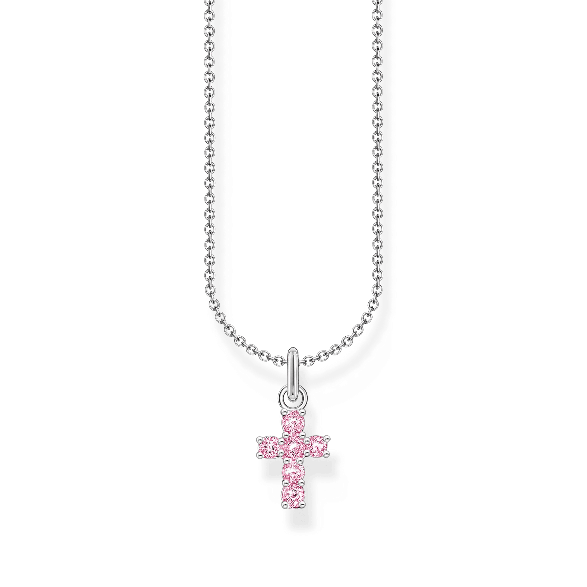 Collier argenté avec pendentif croix rose, chaîne à maillons.