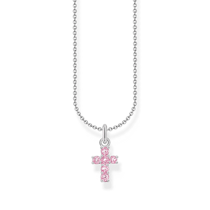 Collier argenté avec pendentif croix rose, chaîne à maillons.