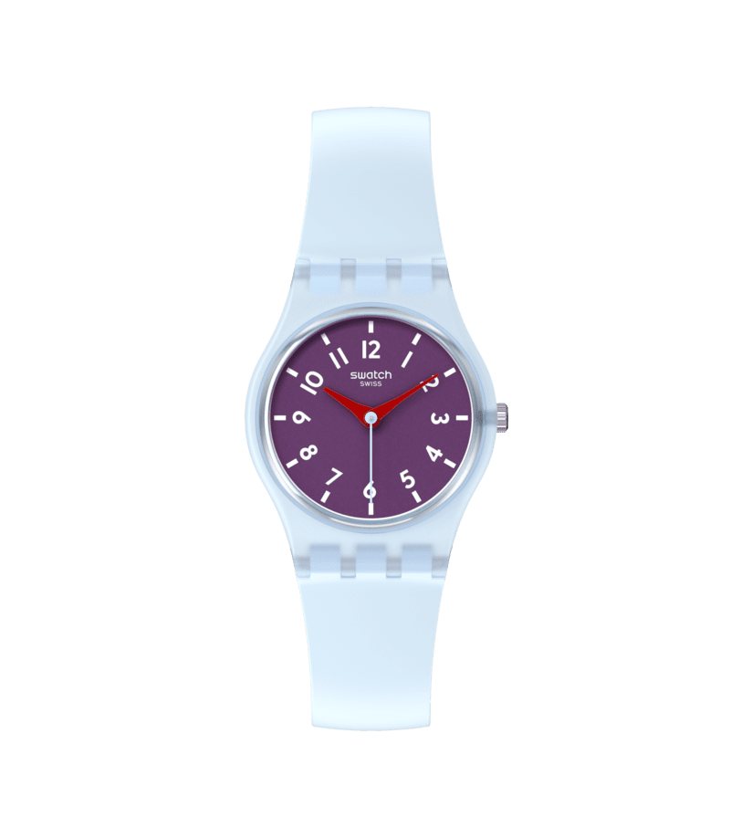 Swatch-Damenuhr mit lila Zifferblatt, transparentem Gehäuse und hellblauem Silikonarmband