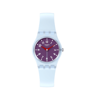 Damenuhr mit rundem lila Zifferblatt, transparentem Gehäuse und hellen Silikonarmband