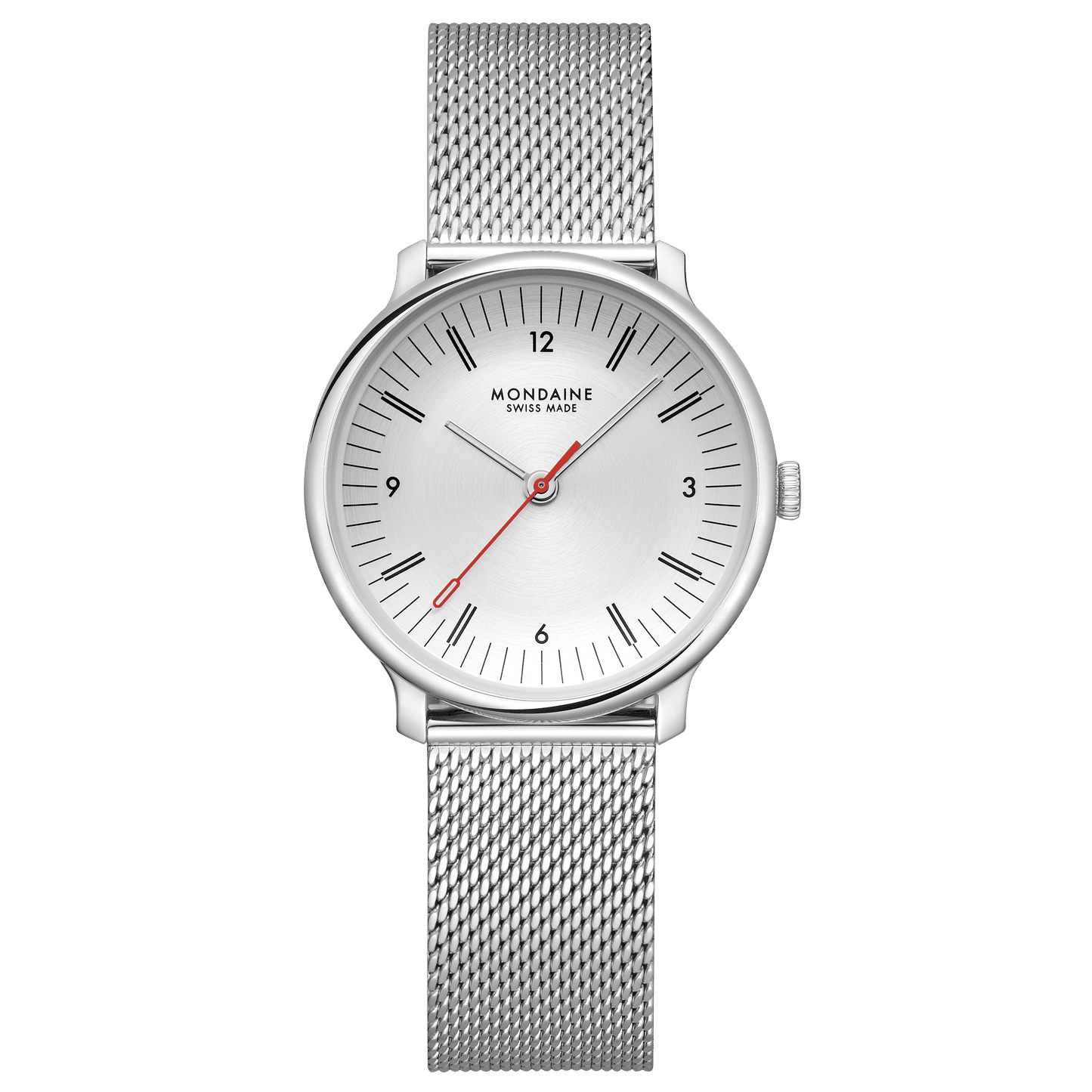 Mondaine Damenuhr mit silbernem Maschenarmband und weißem Zifferblatt