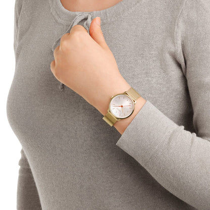 Damenuhr am Handgelenk, goldfarbenes Mesh-Armband und weißes Zifferblatt mit roten Zeigern
