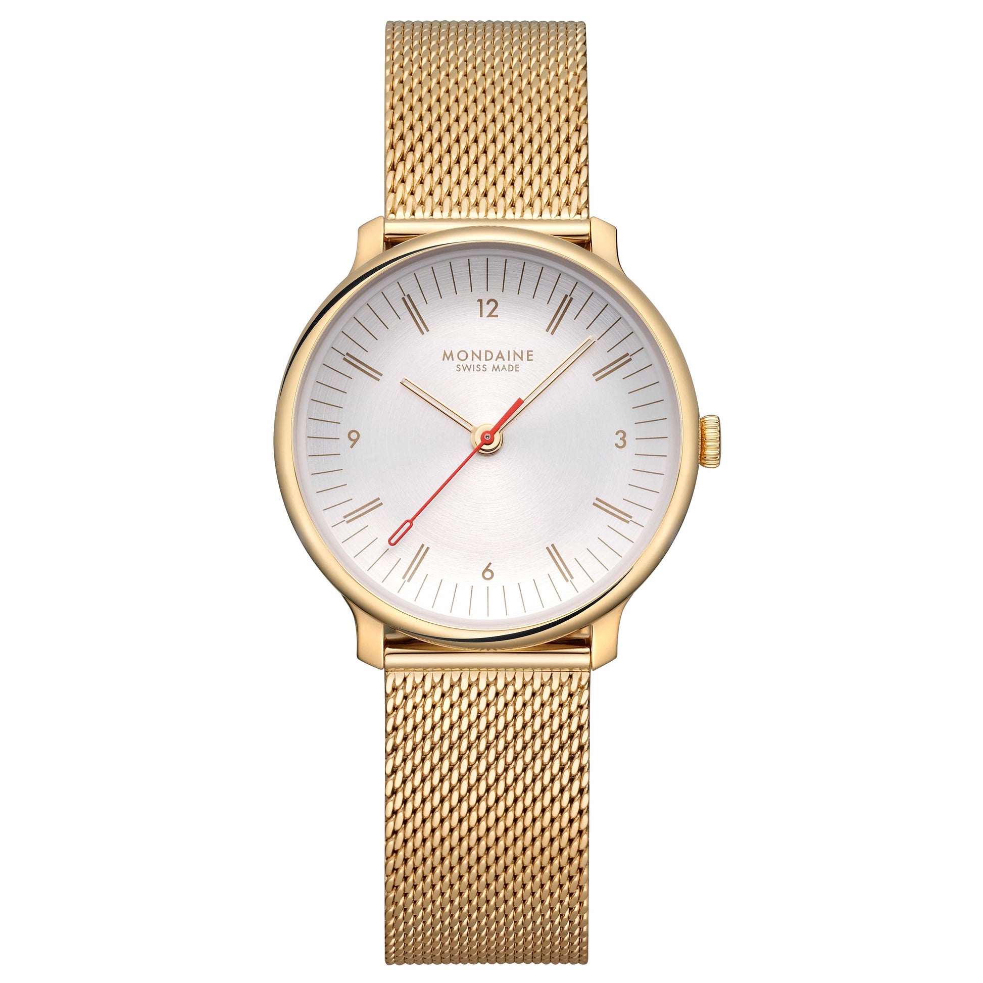 Mondaine Damenuhr mit goldfarbenem Mesh-Armband und weißem Zifferblatt, rote Zeiger