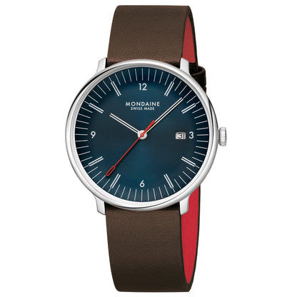 Herrenuhr mit braunem Lederarmband, dunkelblauem Zifferblatt und rotem Futter