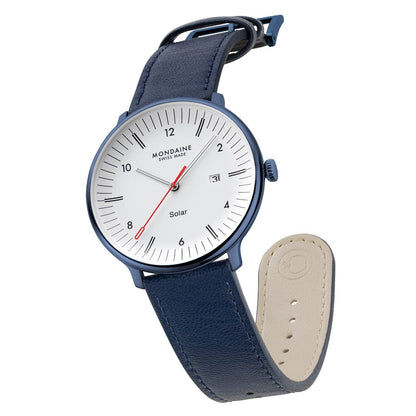 Mondaine Herrenuhr vorne mit blauem Lederband und Schließe