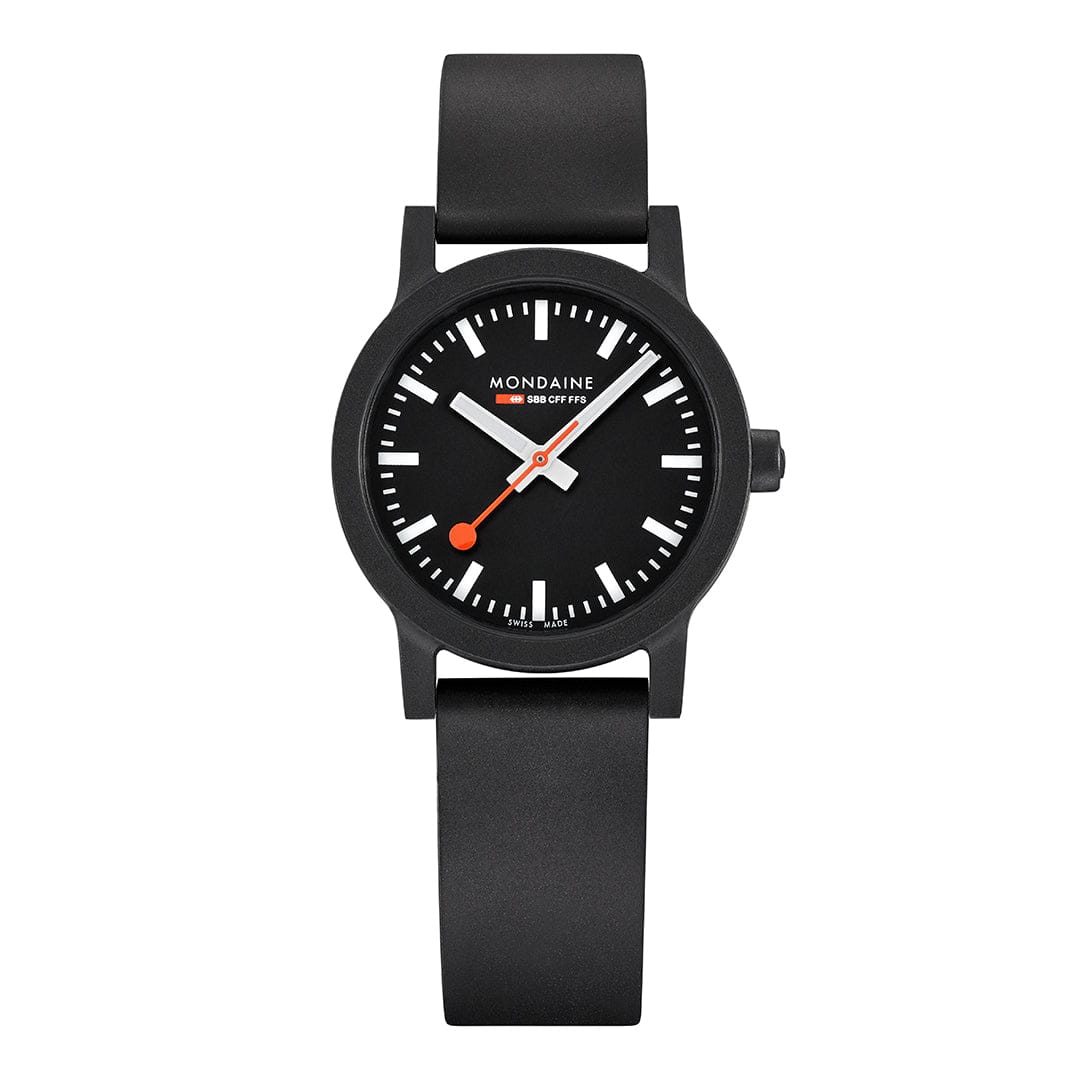 Damen-Armbanduhr mit schwarzem veganem Kautschukarmband und schwarzem Zifferblatt