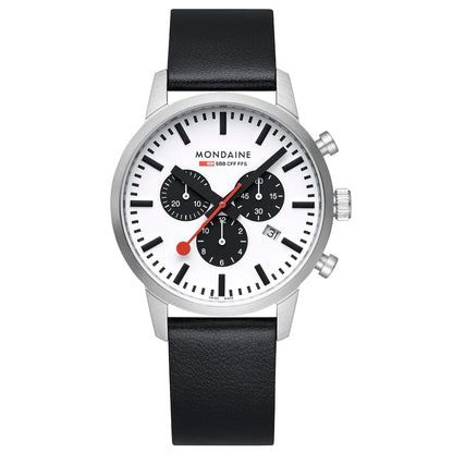 Herrenarmbanduhr mit schwarzem Lederarmband, silbernem Gehäuse und weißem Chronographenzifferblatt.