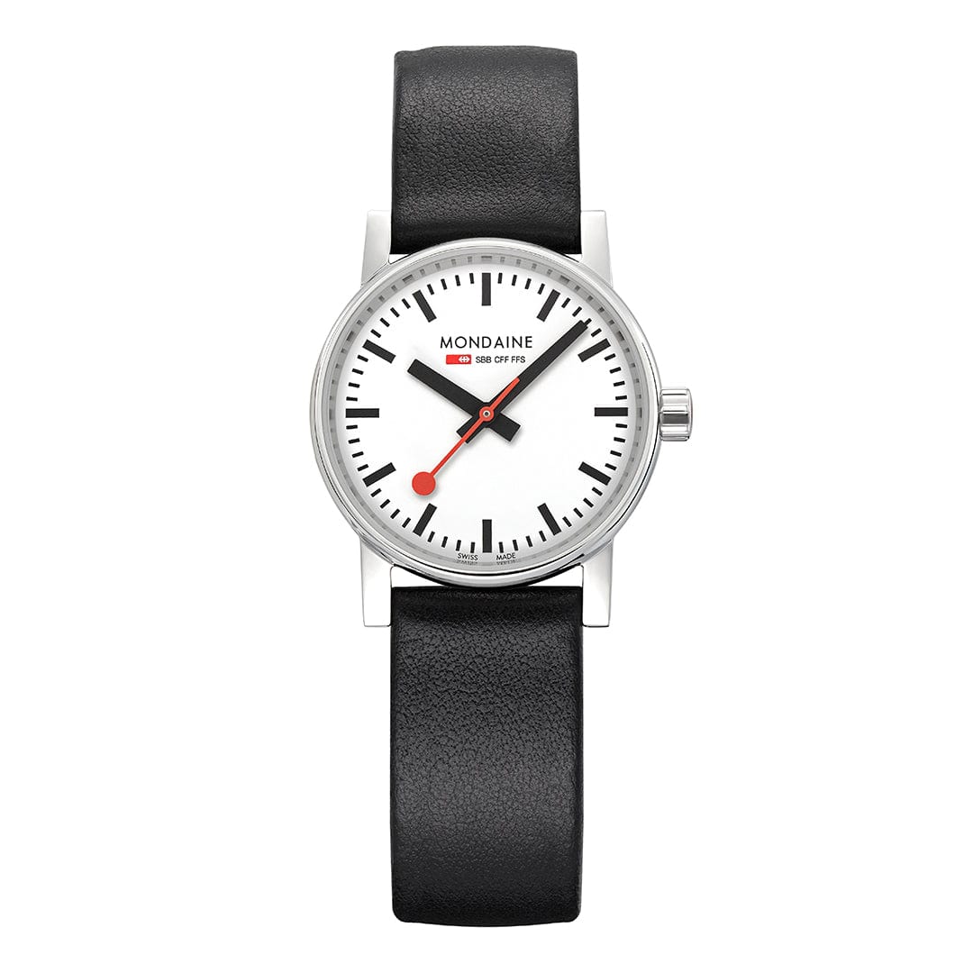 Damenuhr mit schwarzem Lederarmband und weißem Zifferblatt