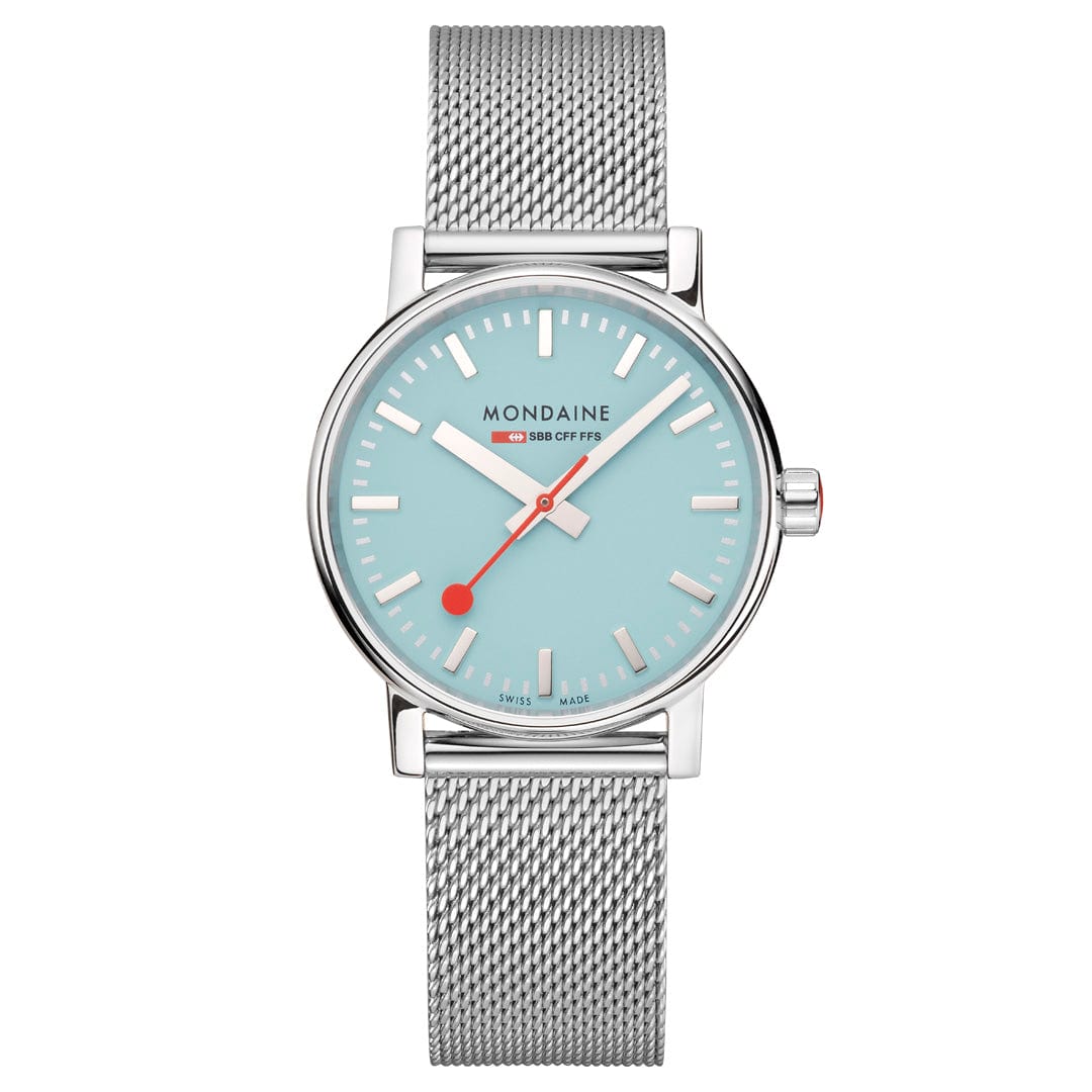 Mondaine Damenuhr: türkisfarbenes Zifferblatt, silbernes Mesh-Armband und runde Lünette