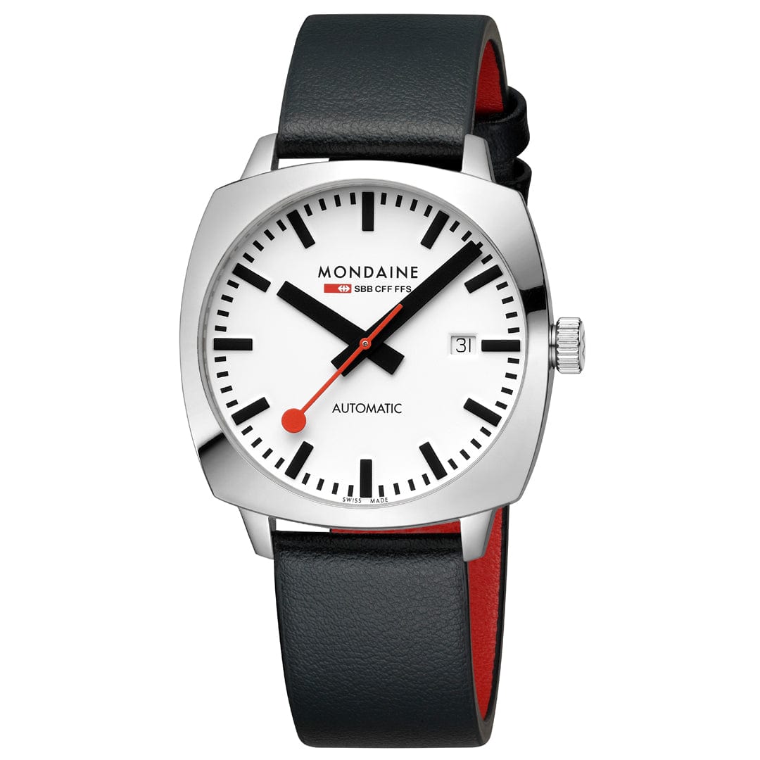 Mondaine Herrenuhr Vorderansicht: weißes Zifferblatt, schwarzes Lederband mit rotem Futter