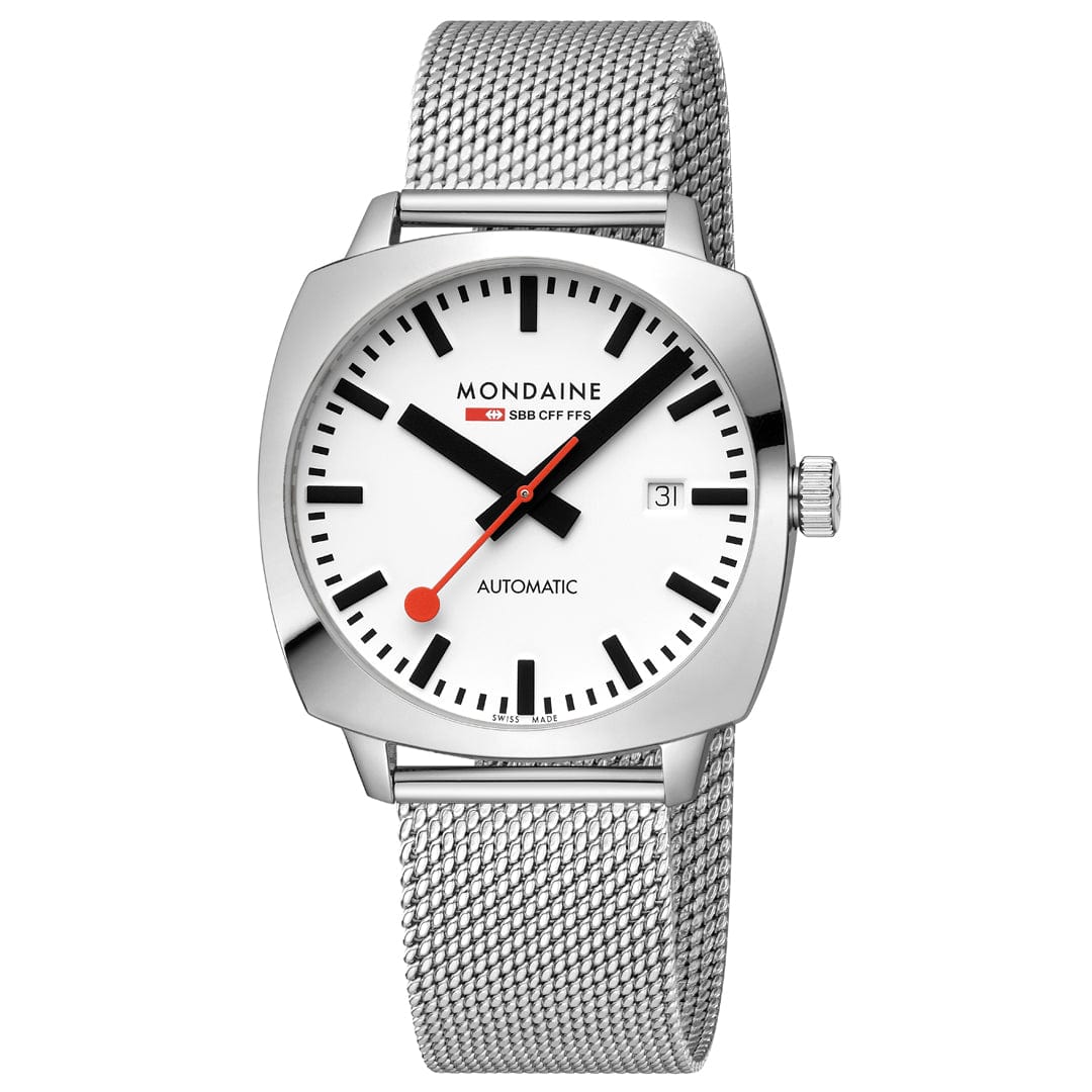 Mondaine Herrenarmbanduhr mit silbernem Mesharmband, weißem Zifferblatt und Datum bei 3 Uhr