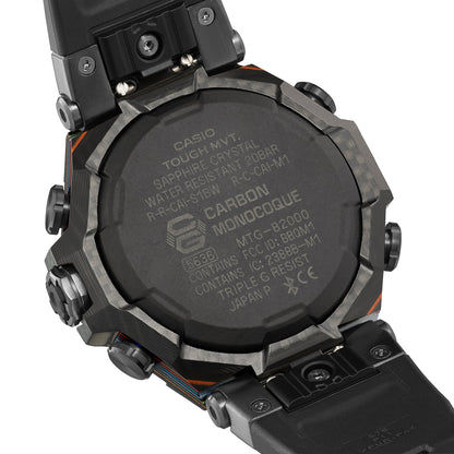 G-Shock Herrenuhr mit schwarzem Gehäuseboden und sichtbaren Modell- und Sicherheitsangaben