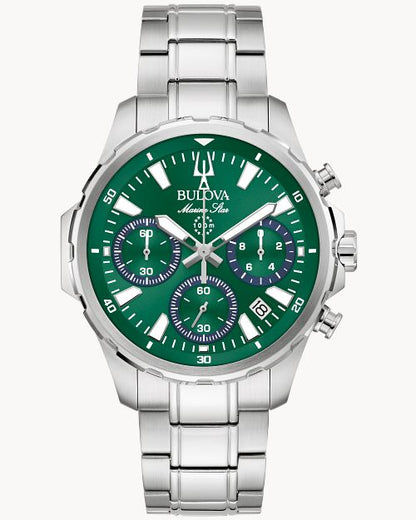 Bulova Marine Star Herrenuhr mit Chronograph, grünem Zifferblatt und Edelstahlarmband